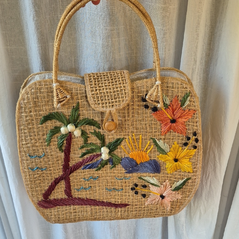 Vintage Floral Island Palm Embroidered Jute Bag Tote